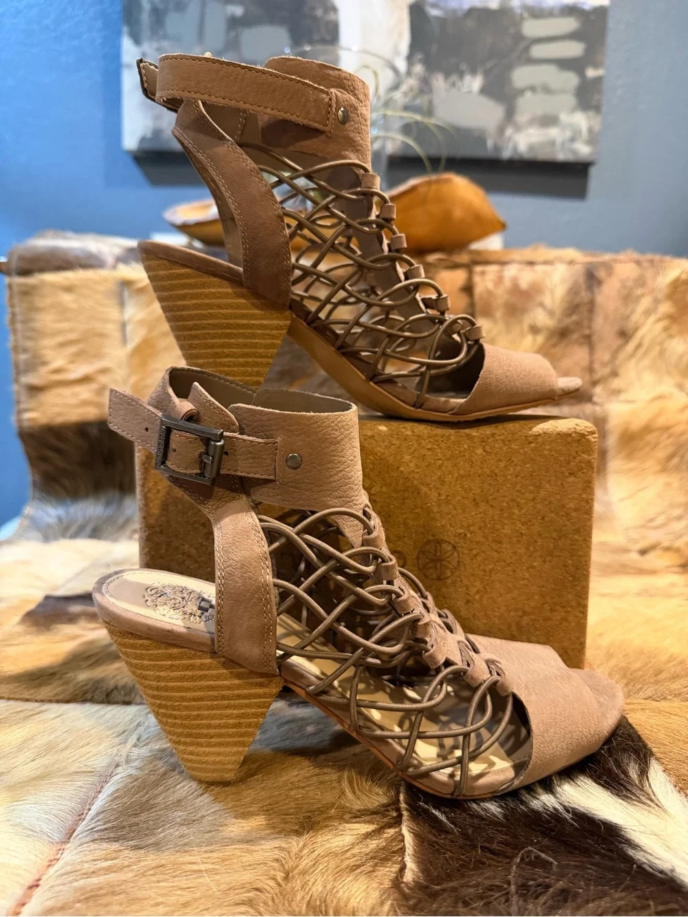 Vince Camuto Taupe Lace-Up Caged Open-Toe Heels